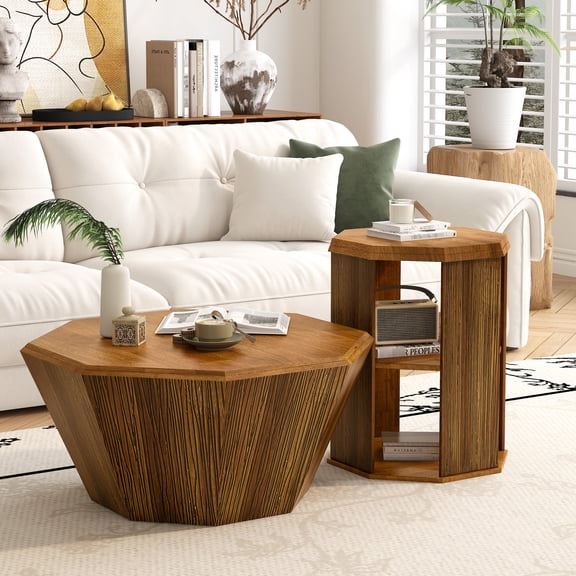 31.5" Octagonal Coffee Table (2) In Natural Rubber Wood - For Living Room (2 Pieces) Versatile And Bedroom Space