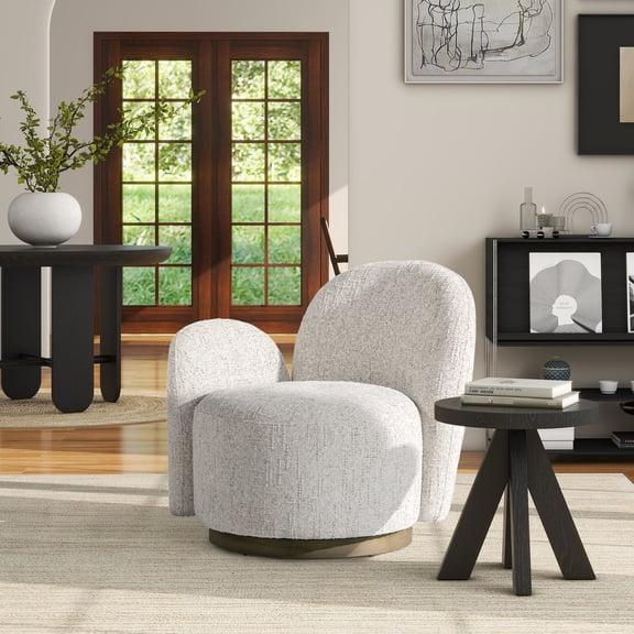 31.5" One Swivel Chair - Left Arm Facing. Multi-greige Beige Chenille Upholstery. 360° On Natural Wood Base. Modern And Fashionable. Soft Rounded Seat, Arm, Back For Relaxation. 29.6 In D, 31.82 W,
