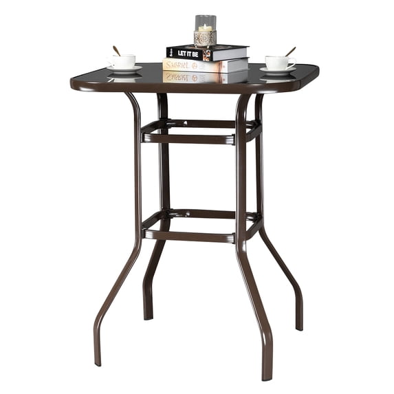 31.5" Outdoor Bistro Table, Square Steel Frame High Top Bar Table, All Weather Patio Bar Table, Tempered Glass Table Top Garden Porch Bistro Bar Height Table, JA2124