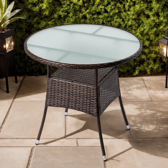 31.5" Outdoor Round Wicker Dining Table with Glass Top, All-Weather, Brown