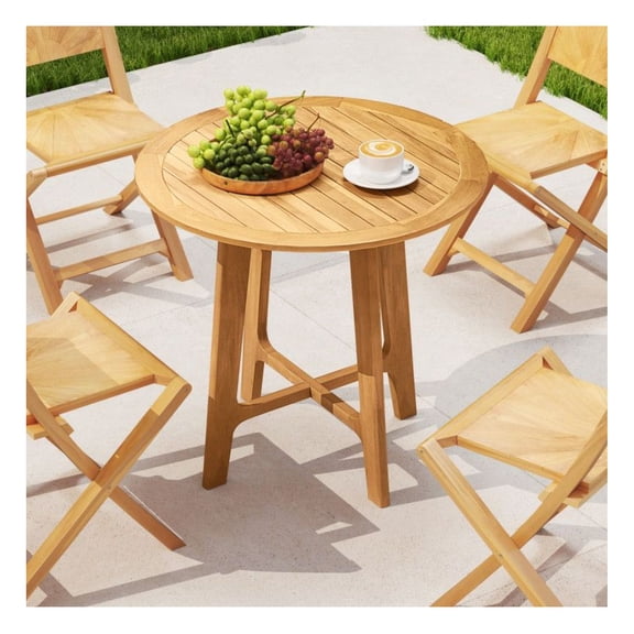 31.5" Patio Dining Table, Teak Wood Outdoor Bistro Table with X-Frame, Round Slatted Tabletop for Garden, Backyard, 31.5" x 30", 110lbs Capacity