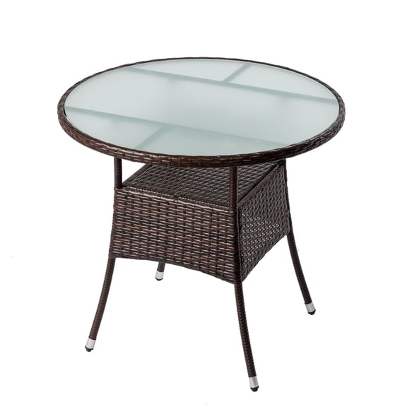 31.5" Patio Table for 4-Person, Outdoor Patio Wicker Round Dining Table, All-Weather Rattan Bistro Dining Table w/Glass Tabletop for Backyard Deck Porch Poolside, Brown