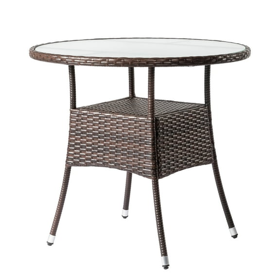 31.5" Patio Table for 4-Person, Outdoor Patio Wicker Round Dining Table, All-Weather Rattan Bistro Dining Table w/Glass Tabletop for Backyard Deck Porch Poolside, Brown