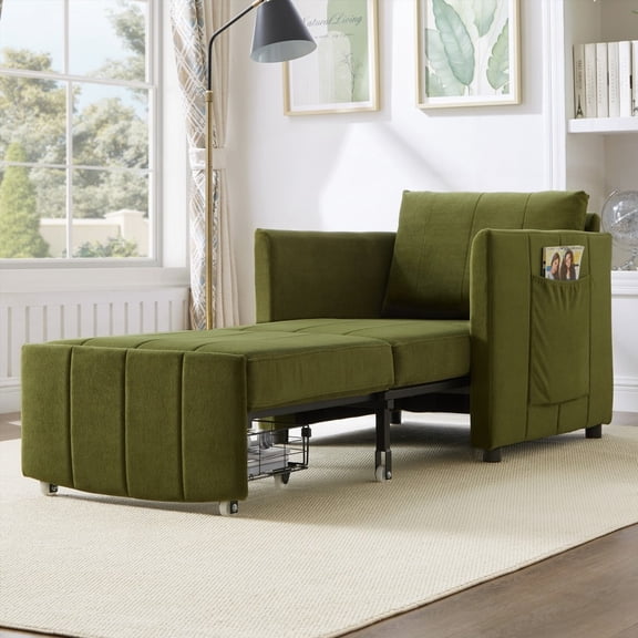 Living Room Sofa Bed - 5 Positions & Storage Basket - Green Upholstery!