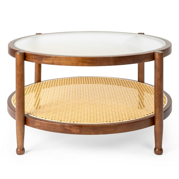 31.5" Rattan Coffee Table w/Glass Top, Round Boho End Table for Living Room, Balcony, Patio - Walnut Finish
