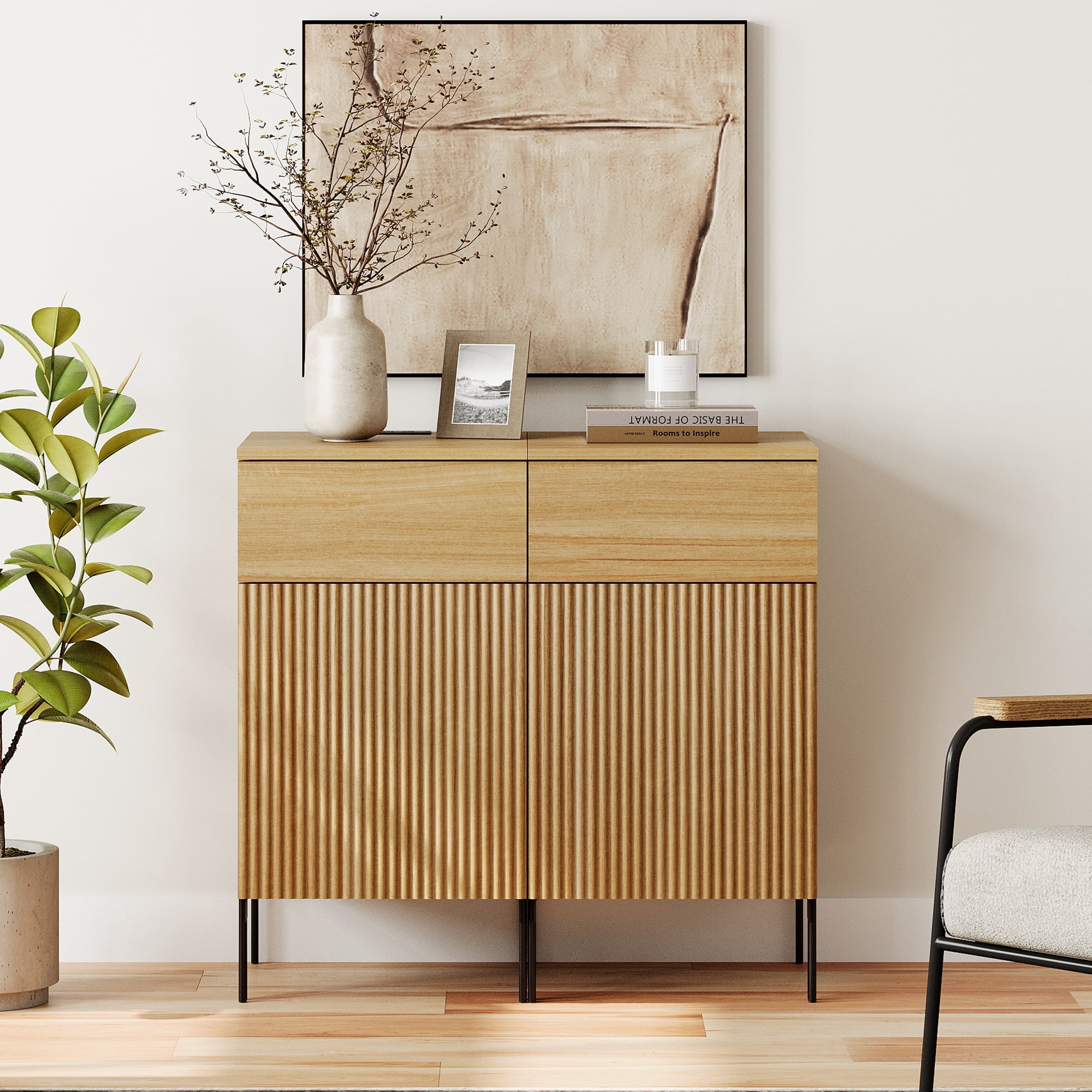 31.5" Reeded Accent Cabinet with 2 Doors and Adjustable Shelves, Modern Credenza Storage Cabinet with Charging Station for Living Room, Kitchen, Dining Room, Hallway
