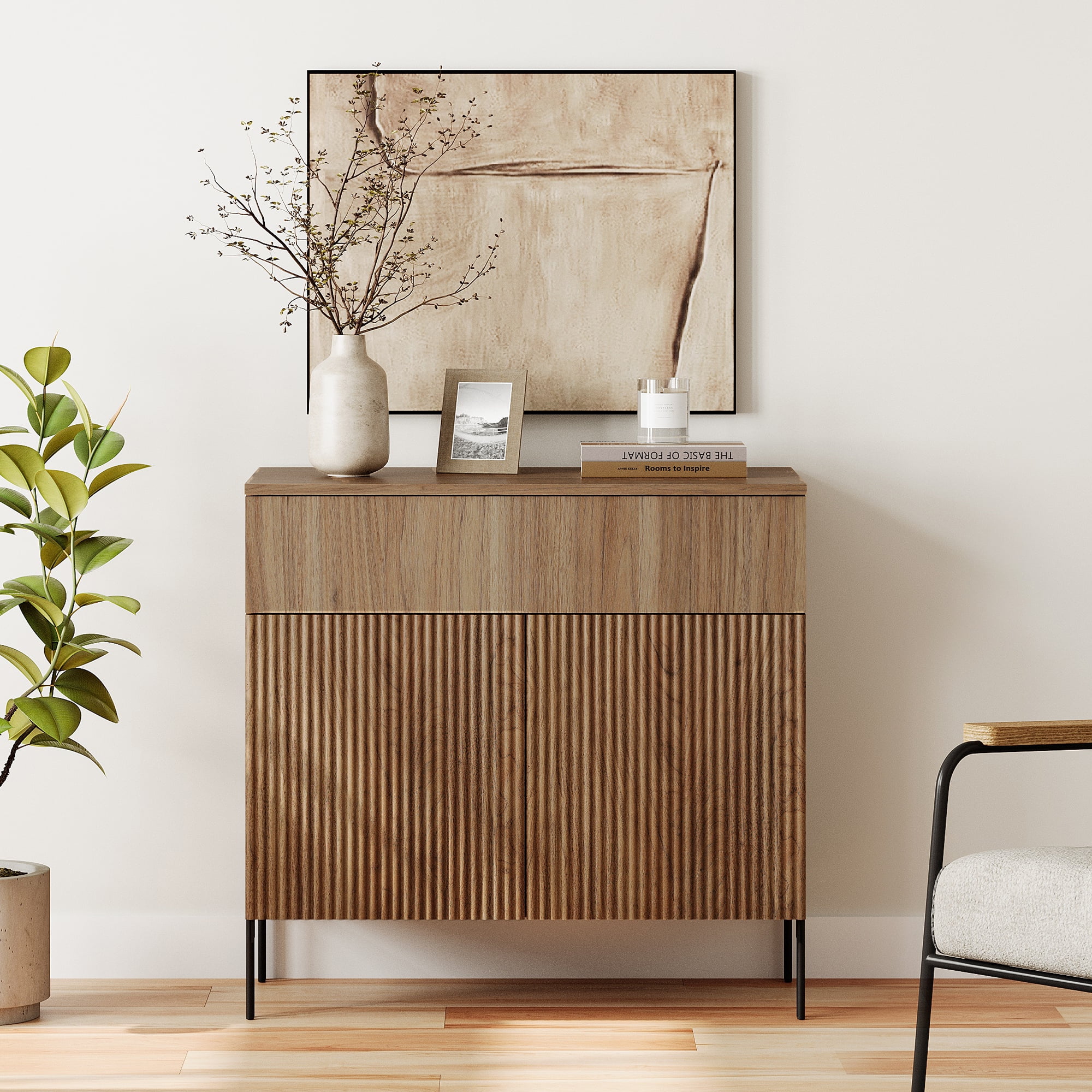 31.5" Reeded Accent Cabinet with 2 Doors and Drawer, Modern Credenza Storage Cabinet with Metal Legs for Living Room, Kitchen, Dining Room, Hallway