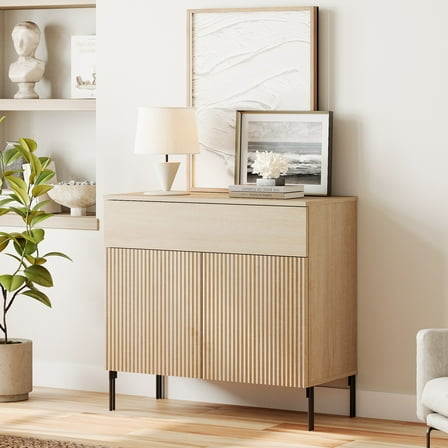31.5" Reeded Accent Cabinet with 2 Doors and Drawer, Modern Credenza Storage Cabinet with Metal Legs for Living Room, Kitchen, Dining Room, Hallway