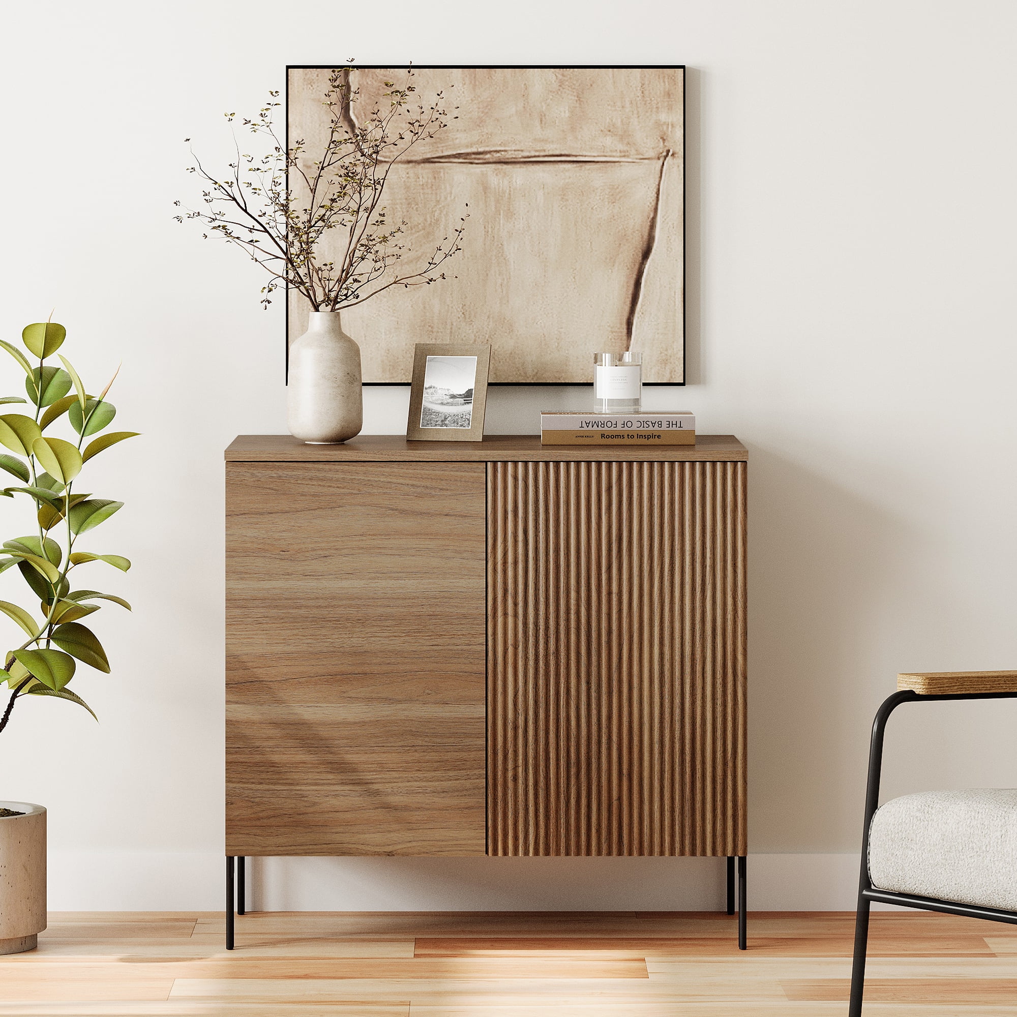 31.5" Reeded Accent Cabinet with Adjustable Shelves, Modern Credenza Storage Cabinet with Doors for Living Room, Kitchen, Dining Room, Hallway