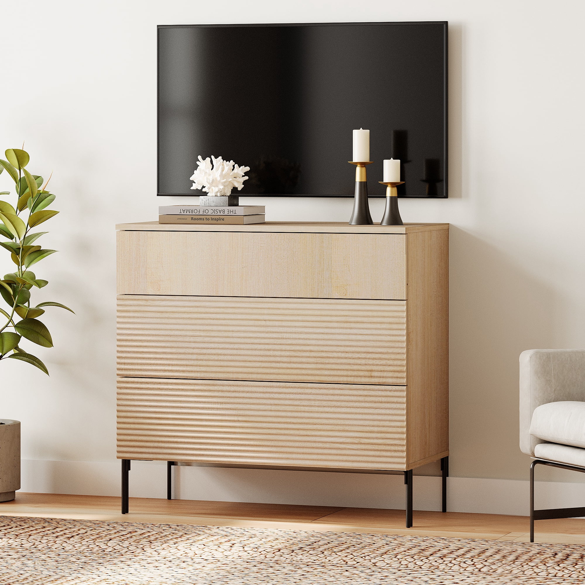 31.5" Reeded Dresser TV Stand, Modern Minimalist Entertainment Center, Wooden TV Console with Storage for Living Room,Bedroom