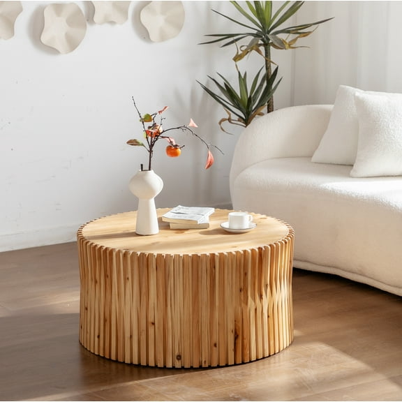 31.5" Retro Fashion Style Cylindrical Coffee Table with Vertical Texture Relief Design,Suitable for Living Room,Office,and Dining Room