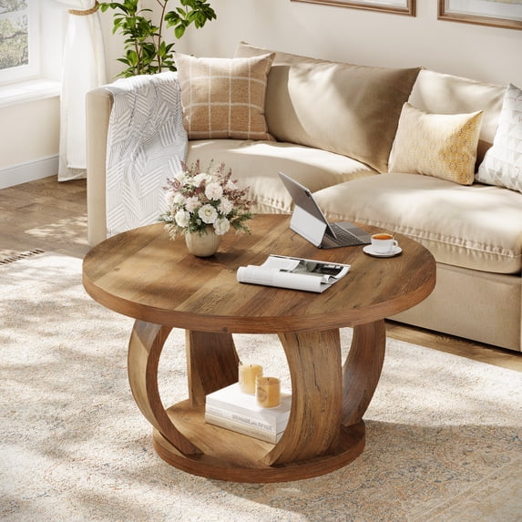 31.5" Round Coffee Table, 2-Tier Circle Center Table with Open Storage Shelf, Farmhouse Rustic Living Room Coffee Table for Apartment & Small Spaces
