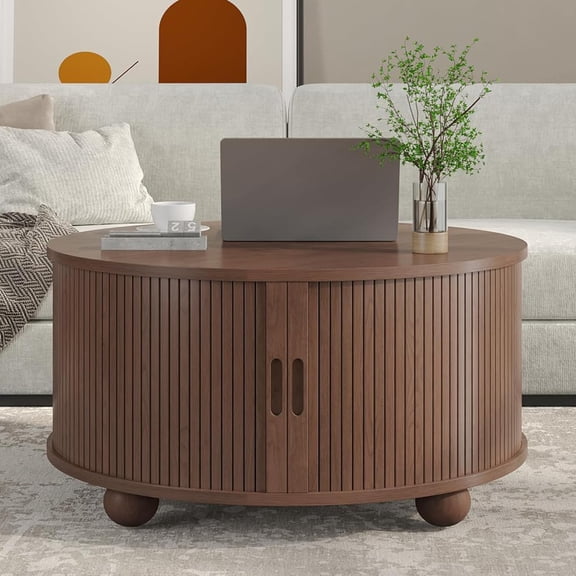 31.5" Round Coffee Table with 360 Sliding Tambour Doors, Mid Century Modern Coffee Table with hidden Compartment, Fluted Walnut coffee table with Fluted Design, Oval Center Table for Living Room