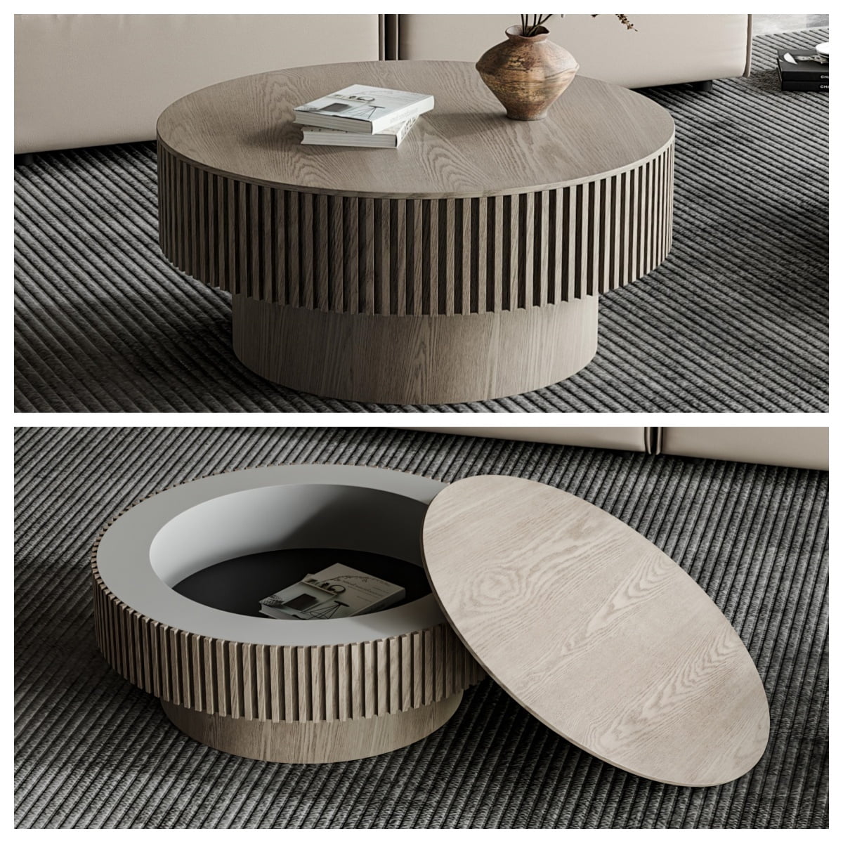 31.5'' Round Coffee Table with Hidden Storage Compartment, Solid Wood Accent Table with Lid, Modern Center Table Tea Table for Living Room, Bedroom, Apartment or Office