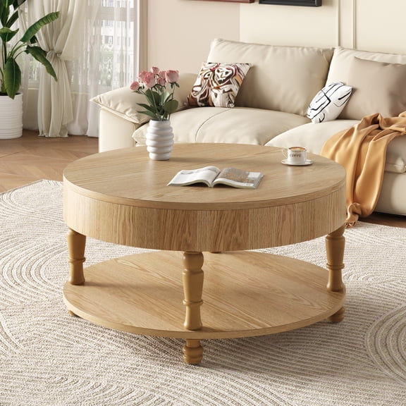 31.5" Round Coffee Table with Hidden Storage, Modern Wood Coffee Table with Flip-Top Compartment & Open Shelf, Dual-Tier Center Table for Living Room, Natural Wood