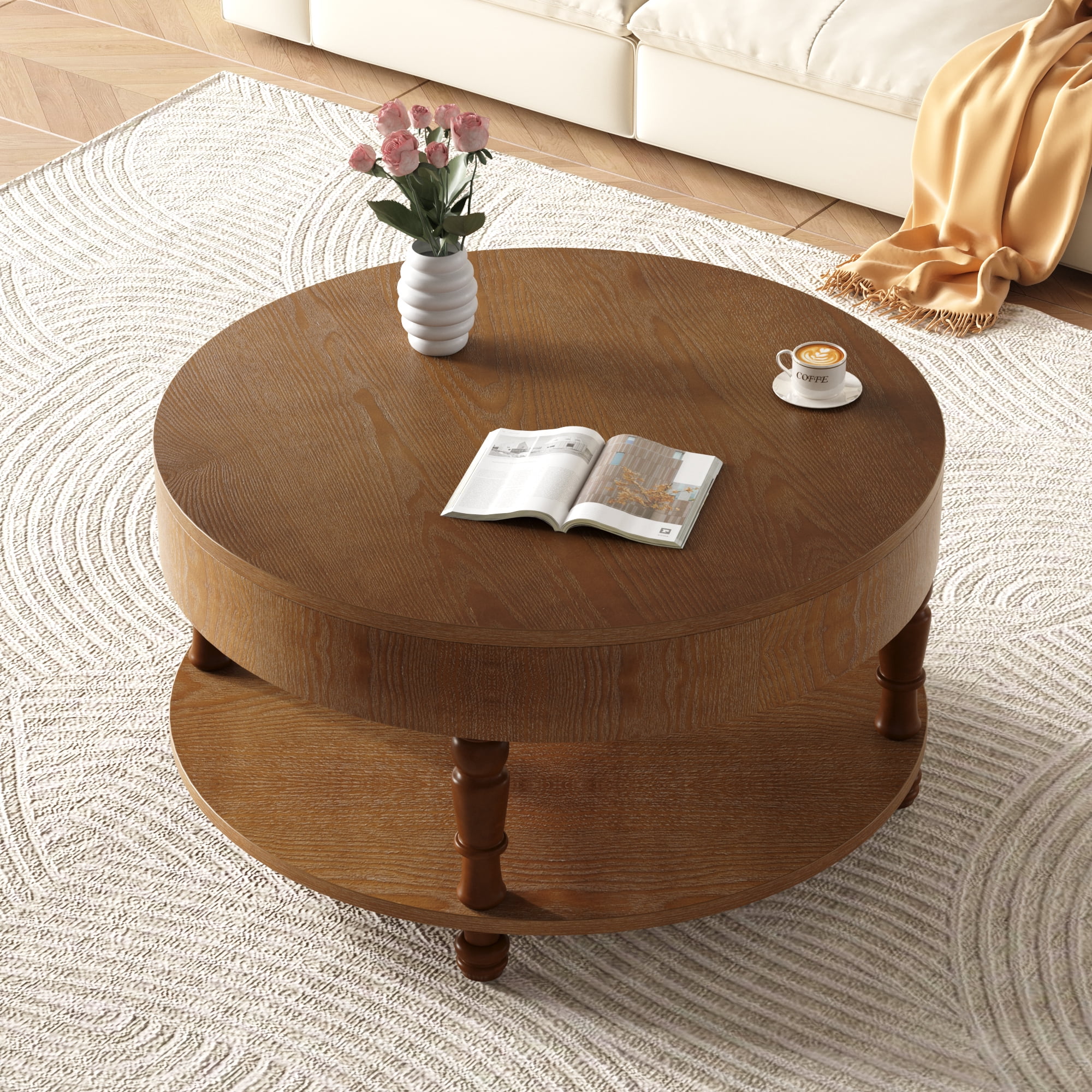31.5" Round Coffee Table with Hidden Storage, Modern Wood Coffee Table with Flip-Top Compartment & Open Shelf, Dual-Tier Center Table for Living Room,Walnut