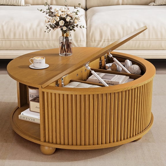 31.5" Round Coffee Table, Mid Century Modern Circle Drum Table with Sliding Door Storage, Yellow Oak