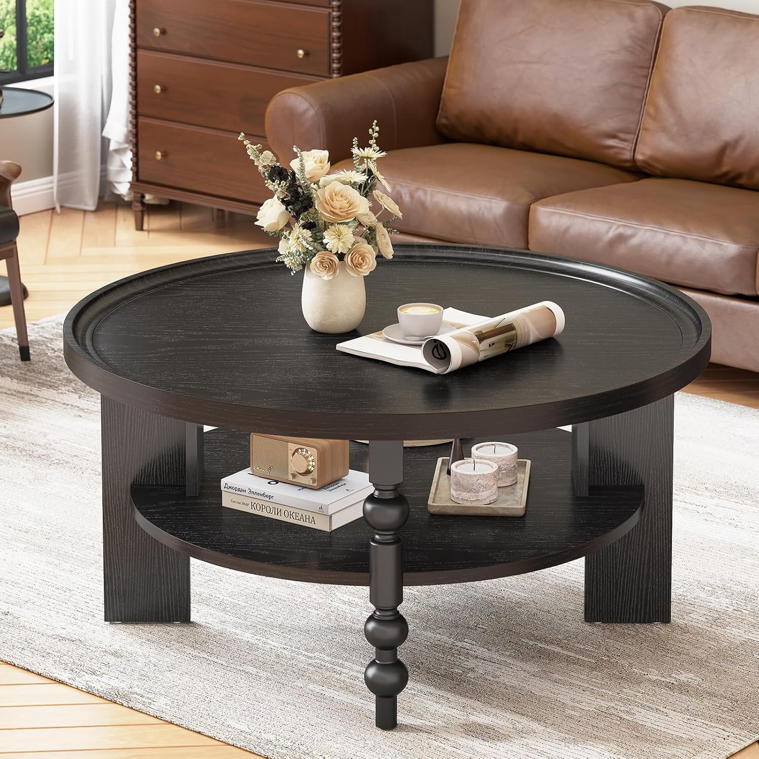 31.5" Round Coffee Table, Mid Century Modern Coffee Table, 2 Tier ...