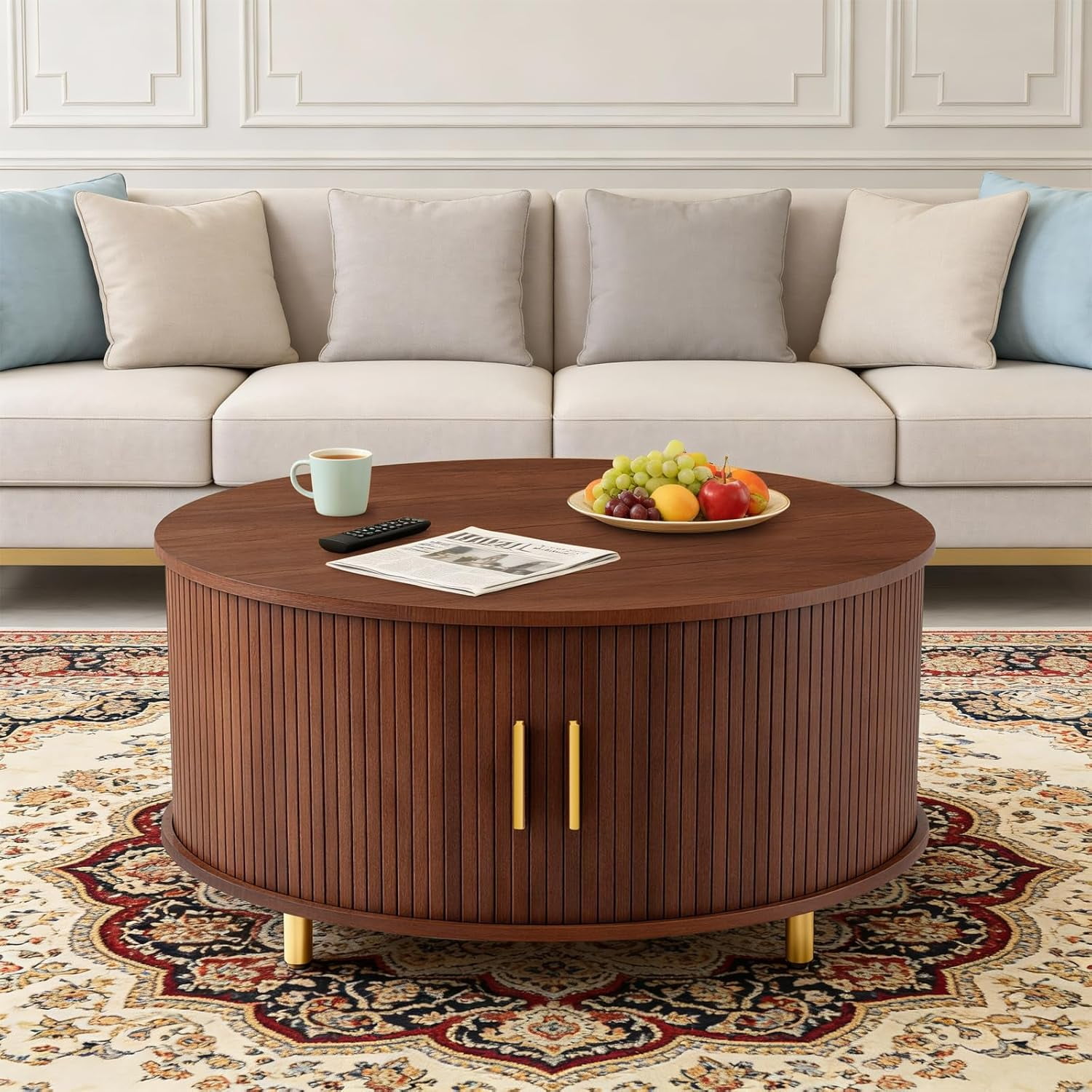 31.5" Round Coffee Table, Mid Century Modern Coffee Table with 360° Sliding Tambour Door, Fluted Accent Coffee Table with Storage Adjustable Footpads for Living Room, Walnut