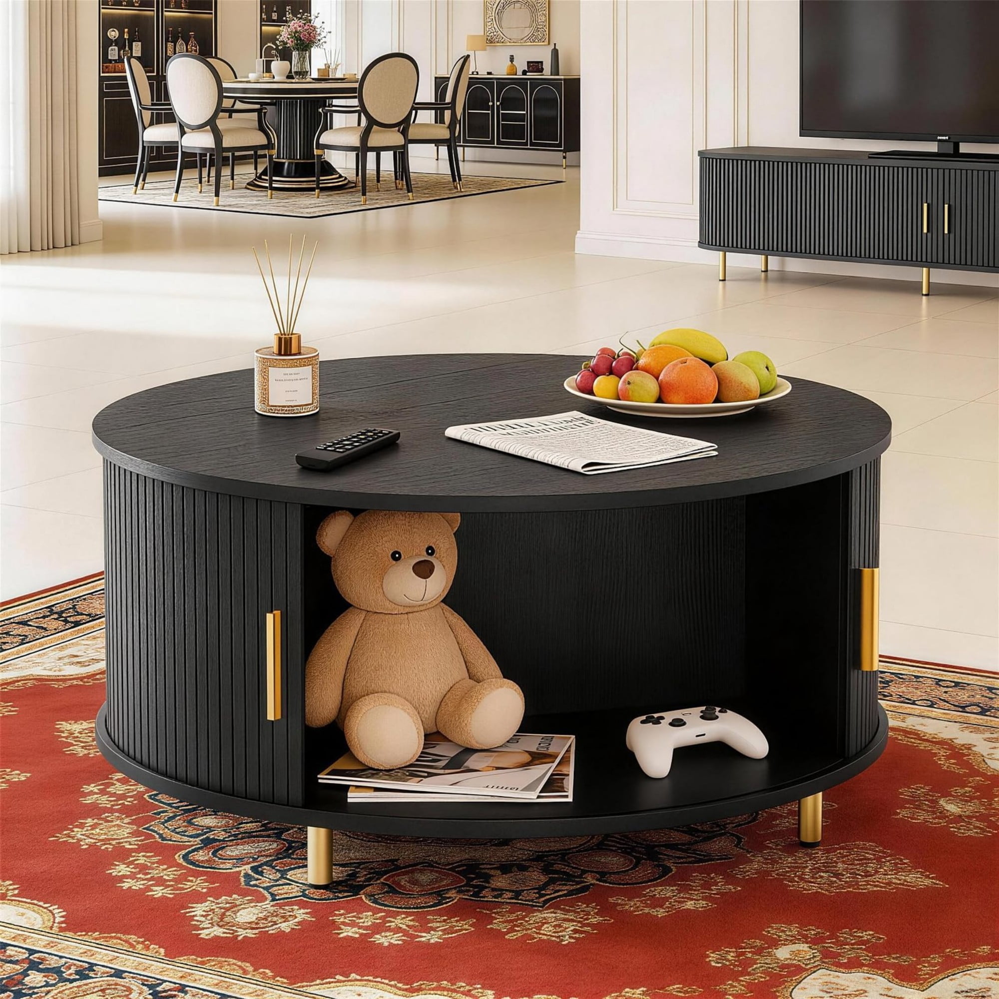 31.5" Round Coffee Table, Mid Century Modern Fluted Coffee Table with 360° Sliding Tambour Door & Storage, Black