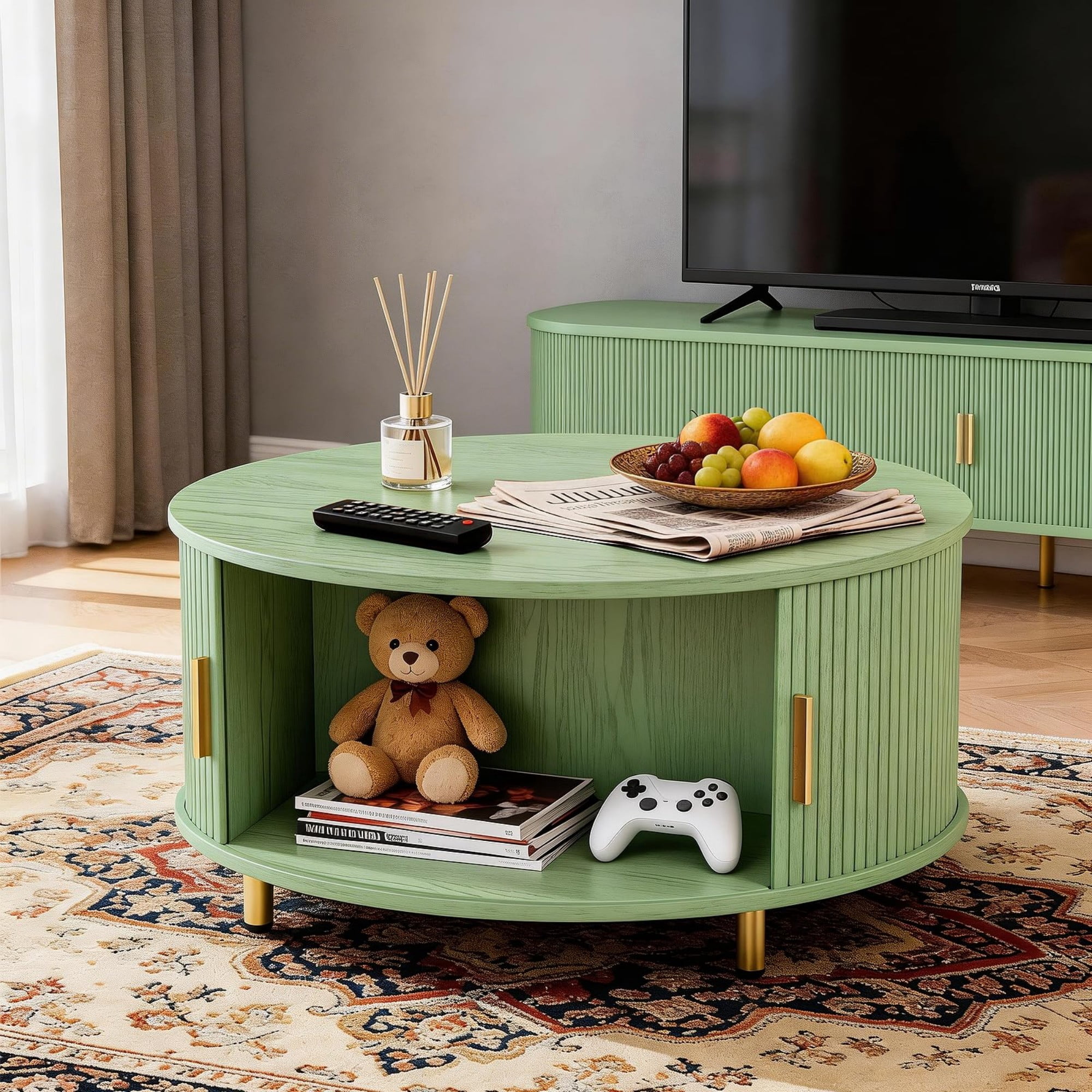 31.5" Round Coffee Table, Mid Century Modern Fluted Coffee Table with 360° Sliding Tambour Door & Storage, Green