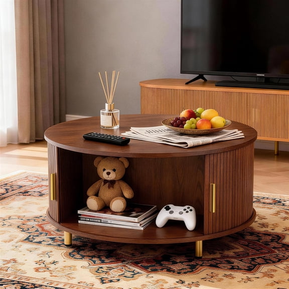 31.5" Round Coffee Table, Mid Century Modern Fluted Coffee Table with 360° Sliding Tambour Door & Storage, Walnut