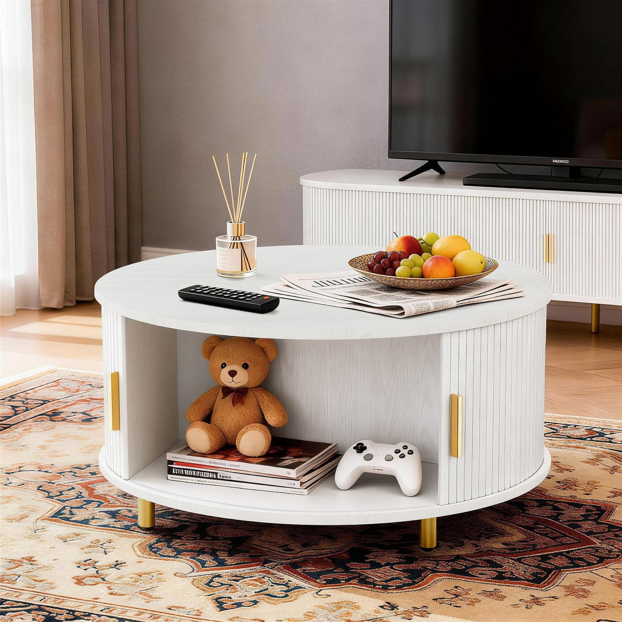 31.5" Round Coffee Table, Mid Century Modern Fluted Coffee Table with 360° Sliding Tambour Door & Storage, White