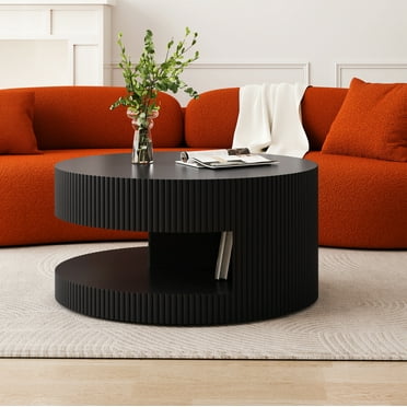 31.5'' Round Coffee Table,Modern Center Table with Storage,Vertical Stripe Design Coffee Table for Living Room,Bedroom(Black)