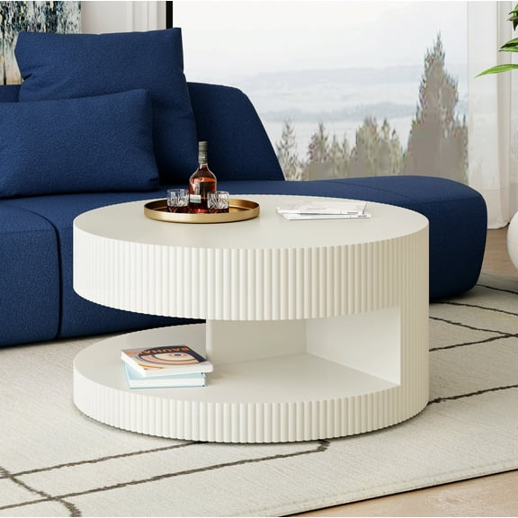 31.5'' Round Coffee Table,Modern Center Table with Storage,Vertical Stripe Design Coffee Table for Living Room,Bedroom(White)