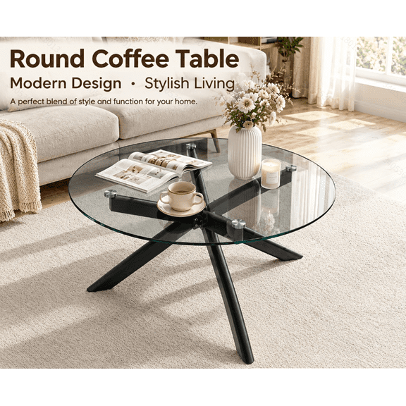 31.5" Round Coffee Table, Modern Tempered Glass Top Cocktail Table with Metal Legs, Center Table for Living Room Apartment Home Office, Holds up to 77.16 Lbs