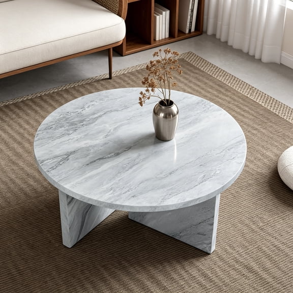 31.5" Round Coffee Table, Modern White Faux Marble Low-Profile Coffee Table for Living Room, Family Room, Office, or Apartment, Easy Assembly