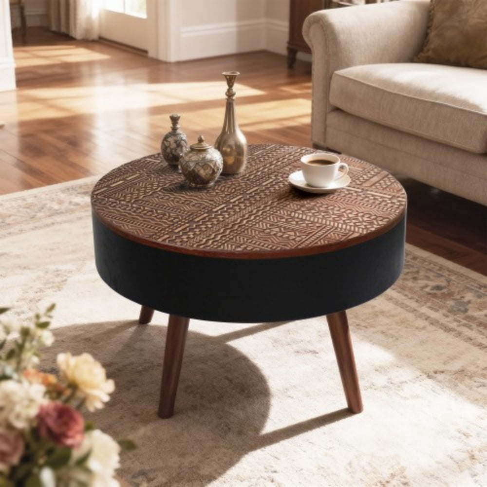 31.5" Round Coffee Table with Storage, Carved Wooden Tabletop, Mid-Century Modern Accent Table with Solid Wood Legs for Living Room, Apartment, Office, Brown & Black