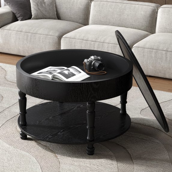 31.5'' Round Coffee Table with Storage Flip Top, Modern 2-Tier Circle Center Tables with Adjustable Feet, Accent Side Coffee Table for Living Room, Black