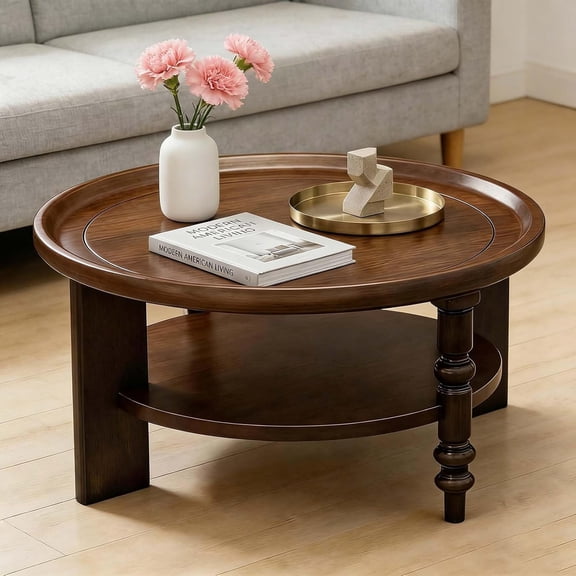 31.5" Round Coffee Table with Storage for Living Room, 2-Tier Rubber Wood Coffee Table, Vintage Country Style Center Table for Home Office Apartment, Walnut Finish