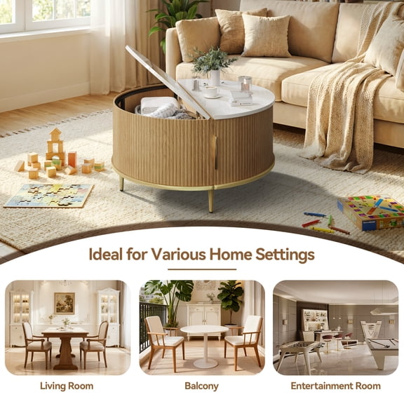 31.5" Round Coffee Table With Storage | Modern Fluted Drum Coffee Table, Wood Circle Center Table With Sliding Doors & Hidden Compartment, Oak End, Suitable for Small Apartment Living Room