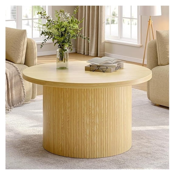 31.5" Round Coffee Table, Tambour Design Coffee Tables for Living Room, Century Modern Wood Coffee Table, Drum Accent Small Center Table, Oak