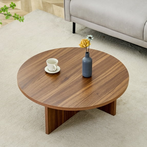 31.5" Round Coffee Table with Walnut Finish, Scratch-Resistant Surface, Fits Minimalist and Nordic Decor, Small Circle Coffee Side Tables for Sofa Bedside Office Balcony, Walnut