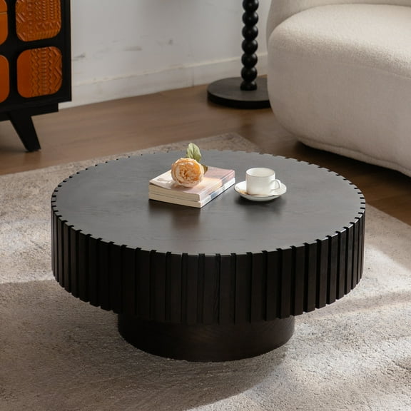 31.5" Round Coffee Table, Wood Fluted Circle Center Sofa Table, Modern Center Table Handcrafted Relief for Living Room, Walnut+Black