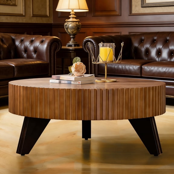 31.5" Round Coffee Table Wood, Modern Fluted Circle Coffee Table for Living Room, Unique Rustic Farmhouse Center Tea Table with Solid Wood Veneer and Sturdy 3 Legs, Easy Assembly, Natural