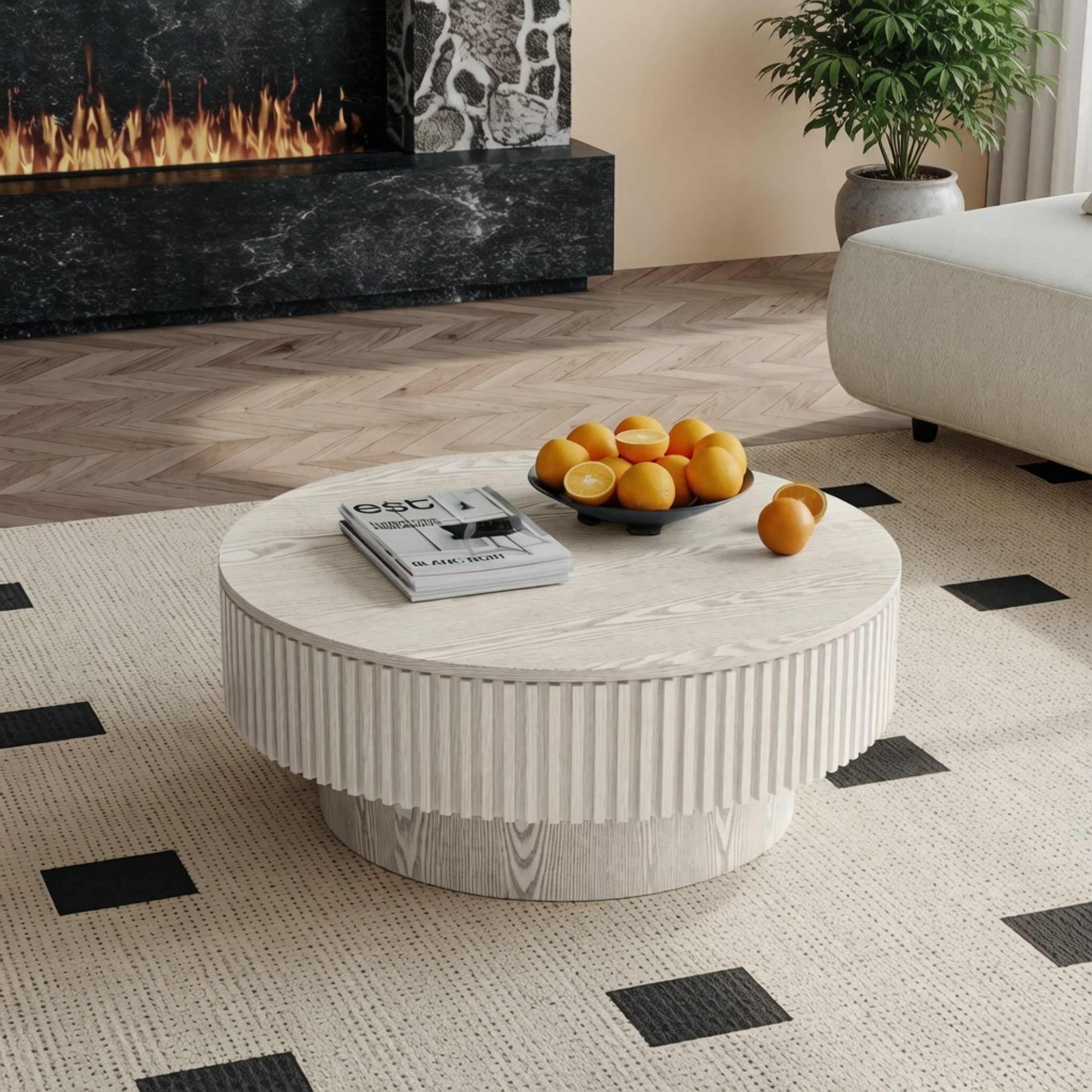 31.5'' Round Coffee Table with Hidden Storage Compartment, Solid Wood Veneered Modern Fluted Accent End Tea Table