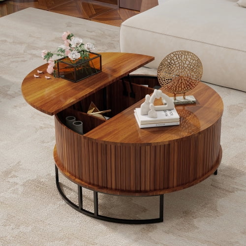 31.5" Round Coffee Table with Storage, Fluted Lift Top Center Table, Mid-Century Modern Flip-Top Curved Table for Living Room, Walnut