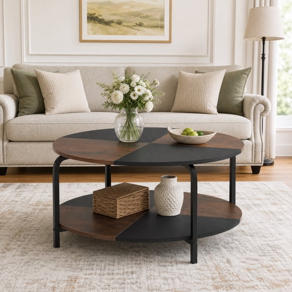 31.5" Round Coffee Table with Storage Shelf, 2-Tier Center Table Cocktail Tea Table with Metal Frame for Living Room,Rustic Brown&Black