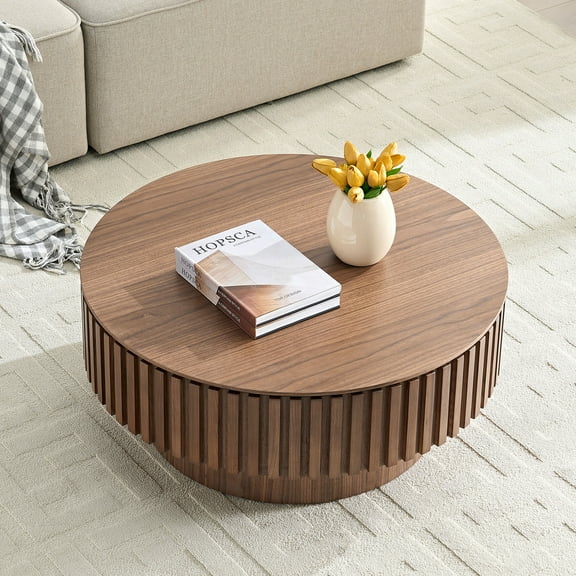 31.5" Round Coffee Table with Storage, Wooden Coffee Table with Solid Wood Veneered, Circle Center Table Accent Tea Table for Living Room, Walnut