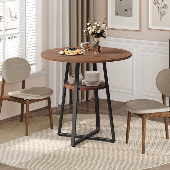 31.5" Round Dining Table for 2-4, Farmhouse Kitchen Table with Storage Shelf, Small Circle Dining Table Space Saving, for Dining Room, Kitchen, Living Room, Walnut and Black DTHZ8201