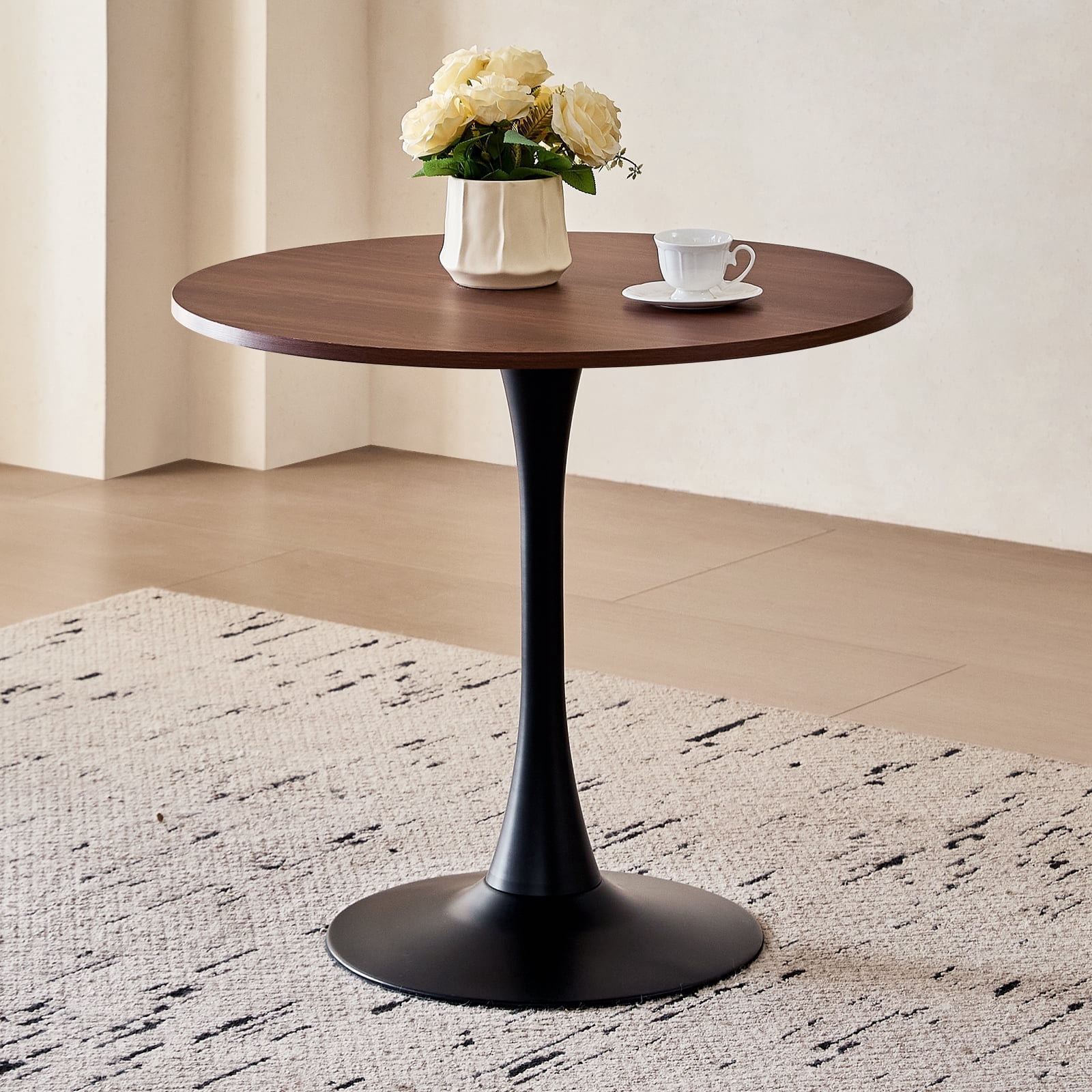 31.5" Round Dining Table for 2-4 Modern Circle Tulip Table with Metal Black Tulip Pedestal Base for Kitchen Dining Living Room Apartment Small Space Cafe, Brown