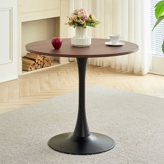 31.5" Round Dining Table for 2-4 Modern Circle Tulip Table with Metal White Tulip Pedestal Base for Kitchen Dining Living Room Apartment Small Space Cafe, Brown