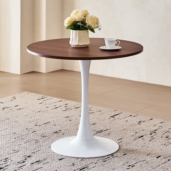 31.5" Round Dining Table for 2-4 Modern Circle Tulip Table with Metal White Tulip Pedestal Base for Kitchen Dining Living Room Apartment Small Space Cafe, Brown