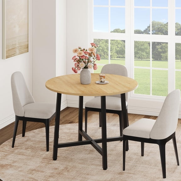 31.5" Round Dining Table for 4 People, Modern Wood Circle Kitchen Table with Sturdy Industrial Metal Frame, Small Space Saving Dining Room Table for Apartment & Breakfast Nook, (No Chairs), Nature