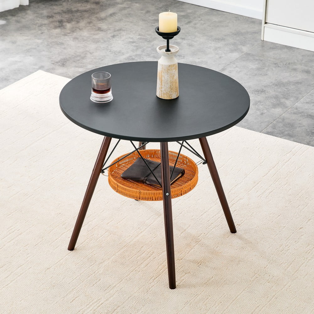31.5" Round Dining Table, Black MDF Vacuum-Formed Tabletop with Walnut Solid Wood Legs, Woven Storage Basket, Modern Kitchen Table for 2-4
