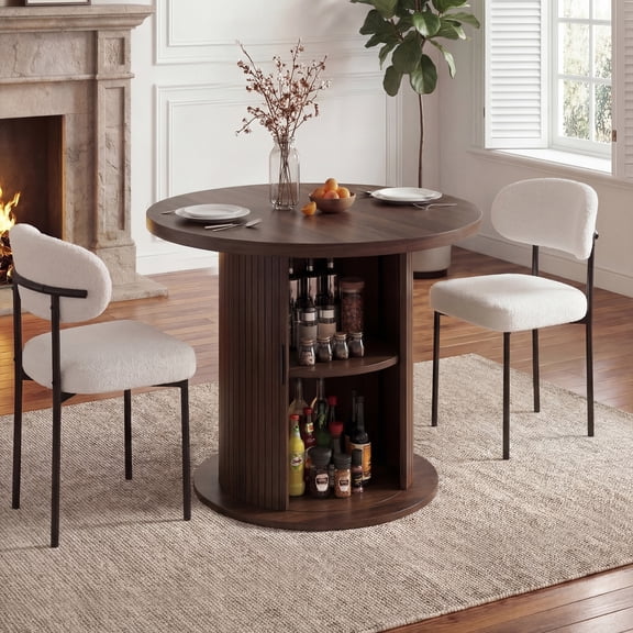 31.5" Round Dining Table, Fluted Kitchen Table with 2-Layer Storage and Sliding Door, Modern Circle Table for Kitchen, Living Room